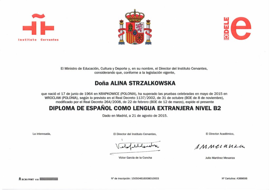 dyplom znajomości języka hiszpańskiego na poziomie zaawansowanym, Dr n. med. A. Strzałkowska
