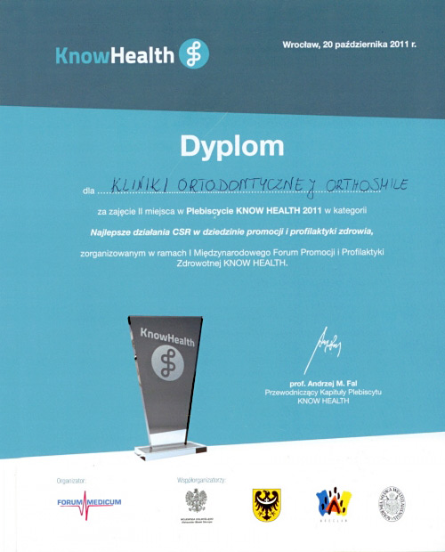 Dyplom dla OrthoSmile na I Międzynarodowym Forum Promocji i Profilaktyki Zdrowotnej KNOW HEALTH