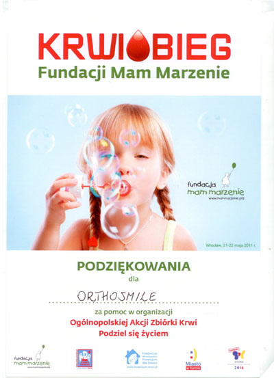 Wrocławski Krwiobieg 2011, dyplom z podziękowaniem dla Praktyki Ortodontycznej OrthoSmile